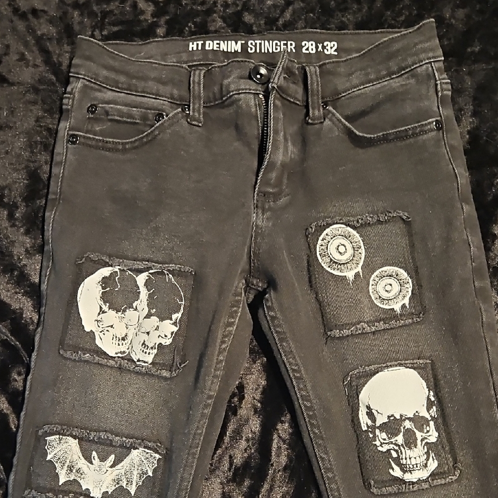 Black Denim Jeans with Skull Patches 28x32